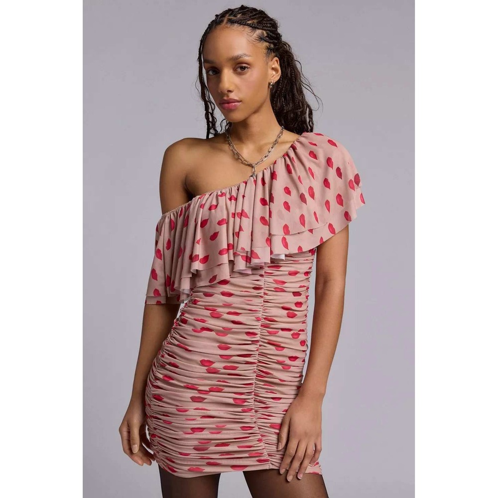 AFRM Vivian Almond Kiss Shoulder Ruched Dress Lip Print Mesh AD021453DC24 Sm